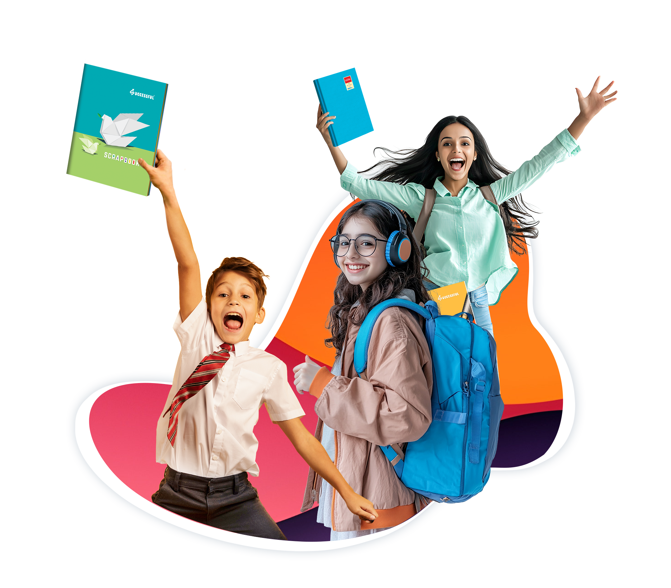Happy students with Successful stationery
